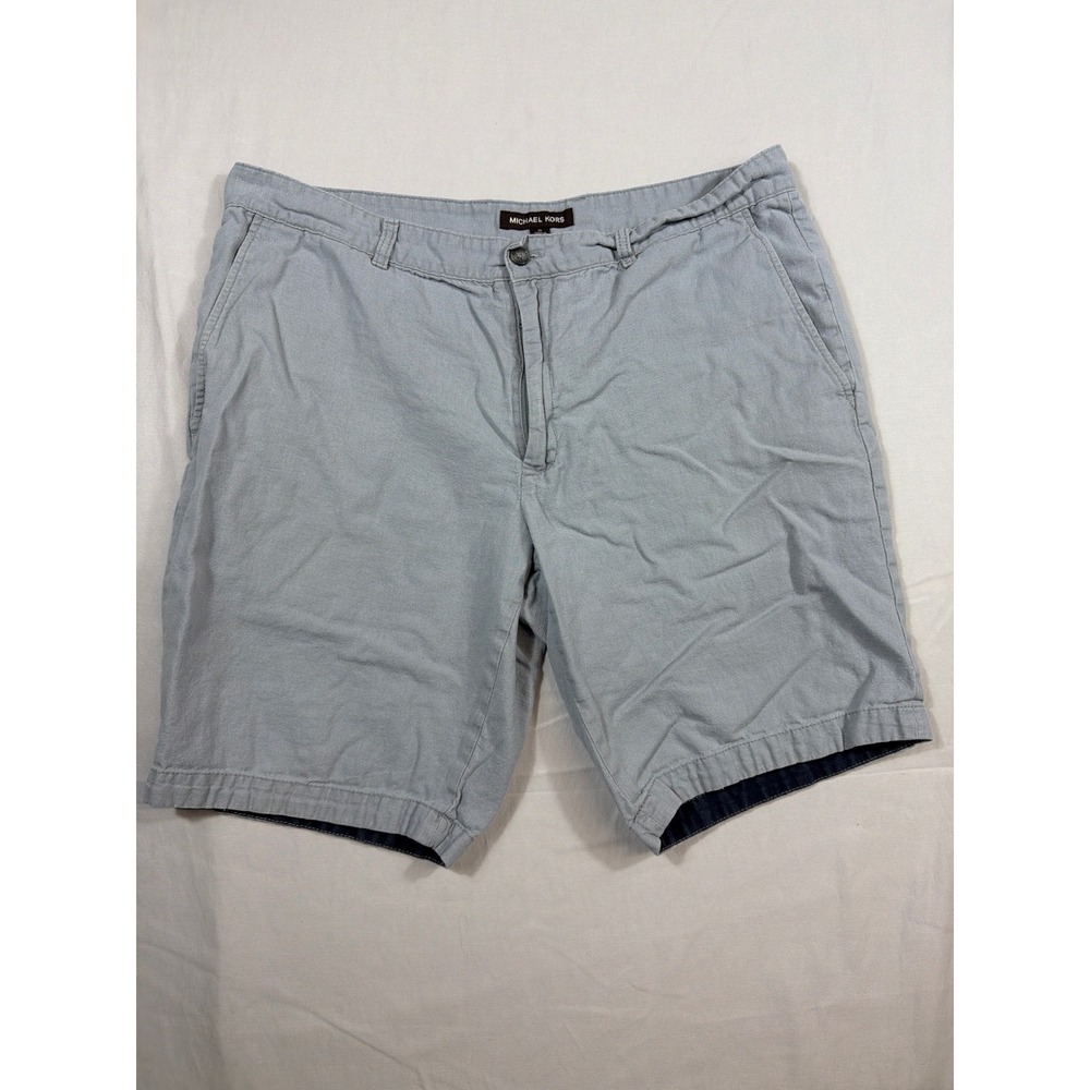 Michael Kors Mens Light Blue Grey Linen Blend Flat Front Shorts Size 36 MK Logo